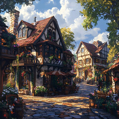 Fototapeta premium Illustration of Quaint European Village with Flowers and Cobblestone Street