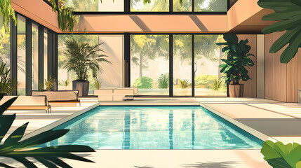 Fototapeta premium Elegance unveiled: partial interior view of a contemporary home with an exquisite pool - generative ai. Exquisite. Illustration