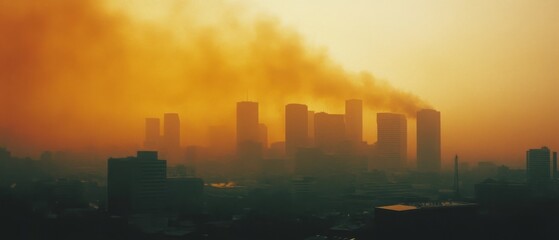 Fototapeta premium Skyscrapers shrouded in golden haze as smoke billows from rooftops against a dusky sky, evoking urban mystery and industrial moodiness.