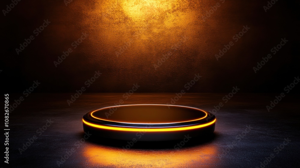 Poster a sleek, illuminated platform against a textured background, creating a dramatic glow that highlight