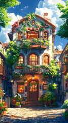 Fototapeta premium Illustration - Charming Flower-Covered Cottage in a Quaint Alleyway