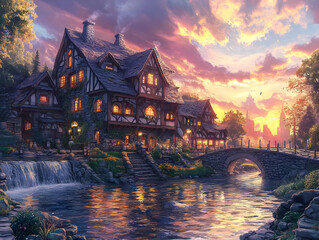 Fototapeta premium Illustration - Cozy Cottage by the River at Sunset