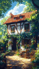 Fototapeta premium Illustration Charming Cottage Garden Flowers Sunlight Trees Vines Patio