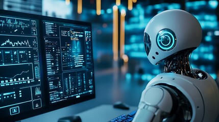 An AI-powered virtual assistant on a computer screen providing insights on portfolio performance and automated trading recommendations to a financial advisor 