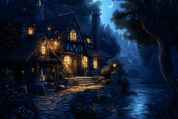 Illustration - Cozy Cottage by the River at Night