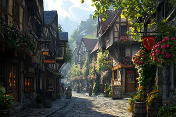 Fototapeta premium Illustration Medieval Village Street Flowers Shops Fantasy