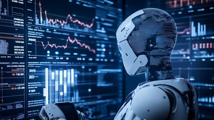 A visual representation of AI analyzing big financial data, with interconnected graphs, bar charts, and numerical projections displayed on a high-tech digital interface 