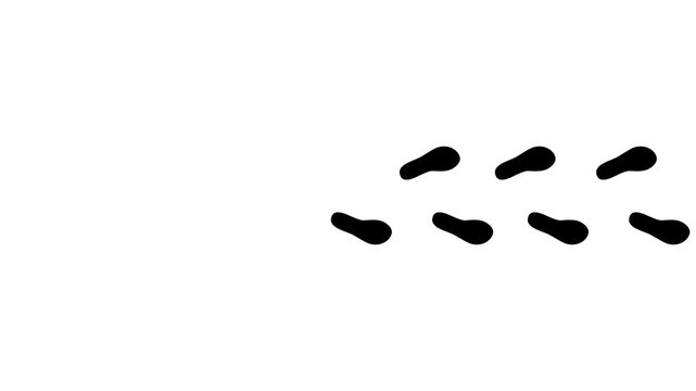 Human footprint 4K video. Black, green and yellow trace of foot prints of person in boots. Walk loop animation, graphic motion. Step by step footage animation, video on white background.