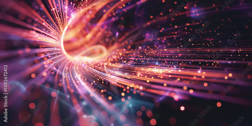 Poster A mesmerizing swirl of vibrant lights and particles flows through a dark space, creating an abstract representation of energy and motion in an artistic display