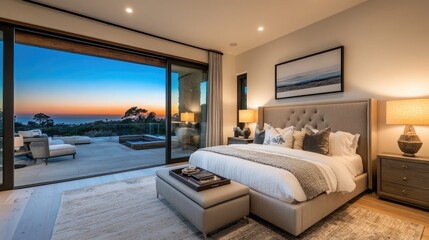 Beautiful Oceanfront Bedroom with Balcony, Featuring a Cozy Bed, Breakfast Tray, and Scenic Views. Perfect for Travel, Luxury Living, and Peaceful Retreat Imagery