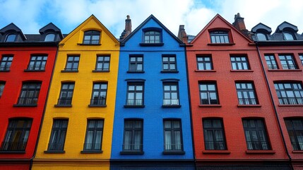 Naklejka premium Colorful building facade with vibrant hues and symmetrical windows.