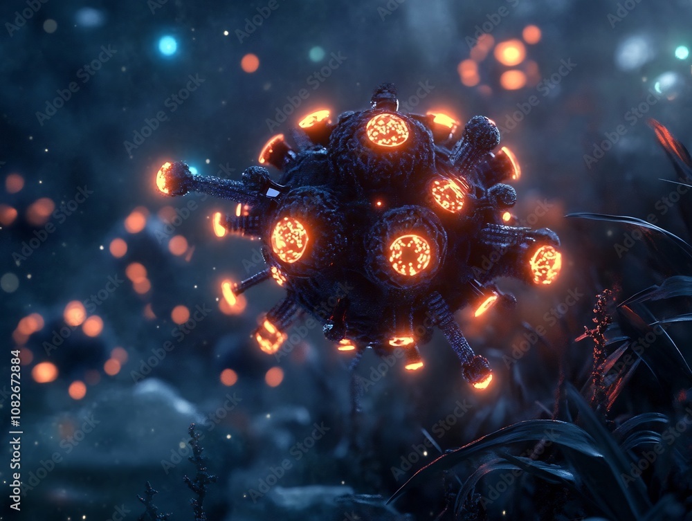 Poster microscopic view of engineered virus with glowing nanobots symbolizing advanced biotech warfare