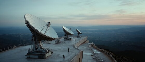 Three satellite dishes stand vigilant on a high platform, facing the horizon under a pastel sky, signifying communication and connection in silence.