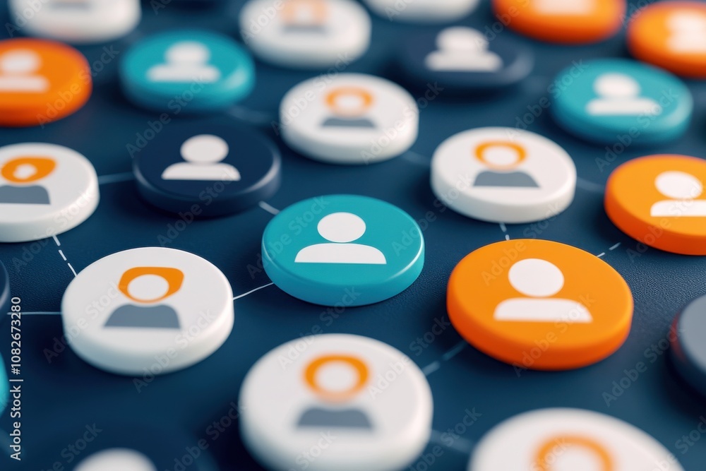 Poster illustration of interconnected user icons showcasing a digital network and collaboration among indiv
