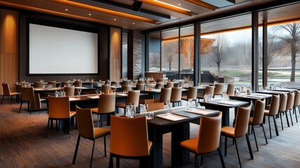 Obraz premium Spacious modern conference room with large screen and tables set for a meeting, featuring orange chairs and large windows with a view of outdoor trees