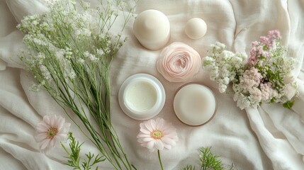 A white background with small white and pink flowers,  cream jars, and a pink rose.
