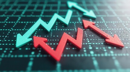 Stock market turbulence, red and green flashing charts, uncertain arrows, 3D illustration