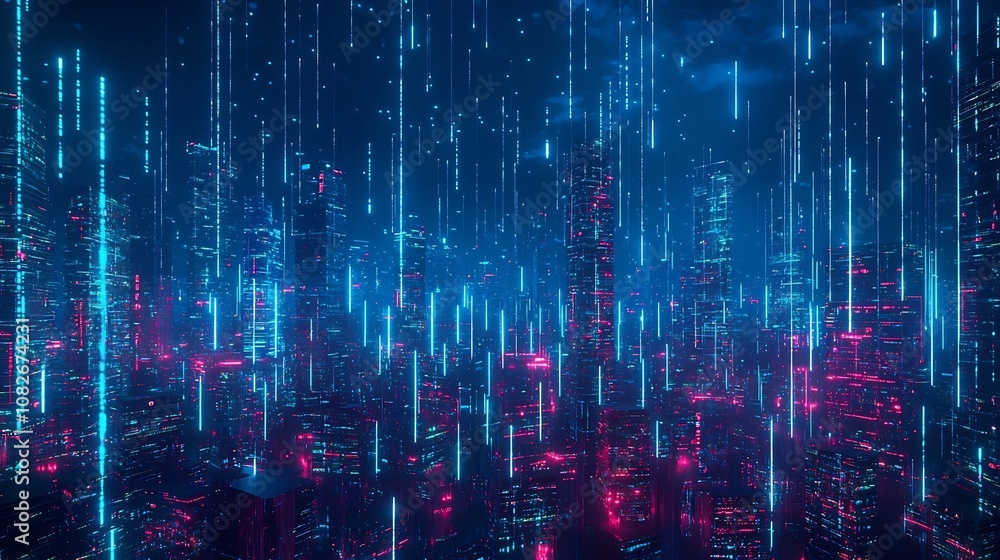 Aufkleber futuristic glowing neon cityscape with interconnected data streams symbolizing advanced technology p