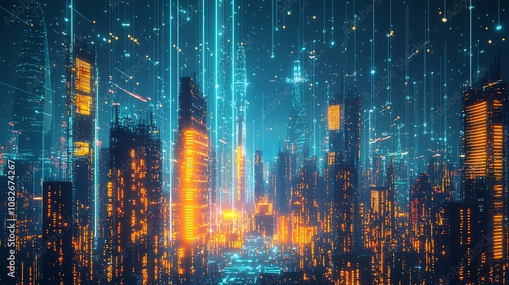 Poster futuristic city pulsing with neon data streams symbolizing advanced technology