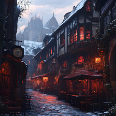 Illustration - Medieval Town Street at Dusk with Snow