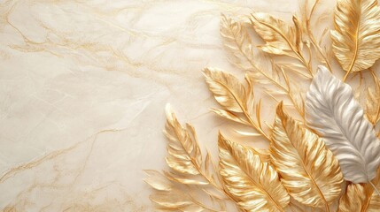 Elegant Golden Leaves on Textured Marble Background - A Luxurious Natural Design Element for Art, Decor, and Elegant Presentation Settings