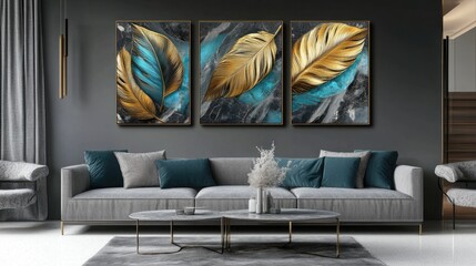 Contemporary Living Room with Elegant Gold Leaf Art on Walls, Stylish Sofa, and Modern Design Elements Featuring Subtle Blue Accents