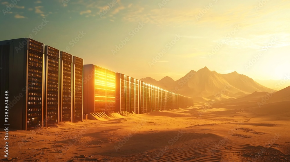 Aufkleber sprawling desert data center with massive glowing servers symbolizing remote technology