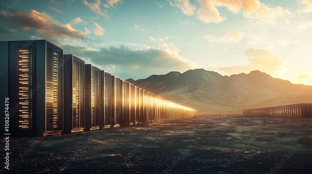 Poster expansive data center oasis in the desert powering remote technology