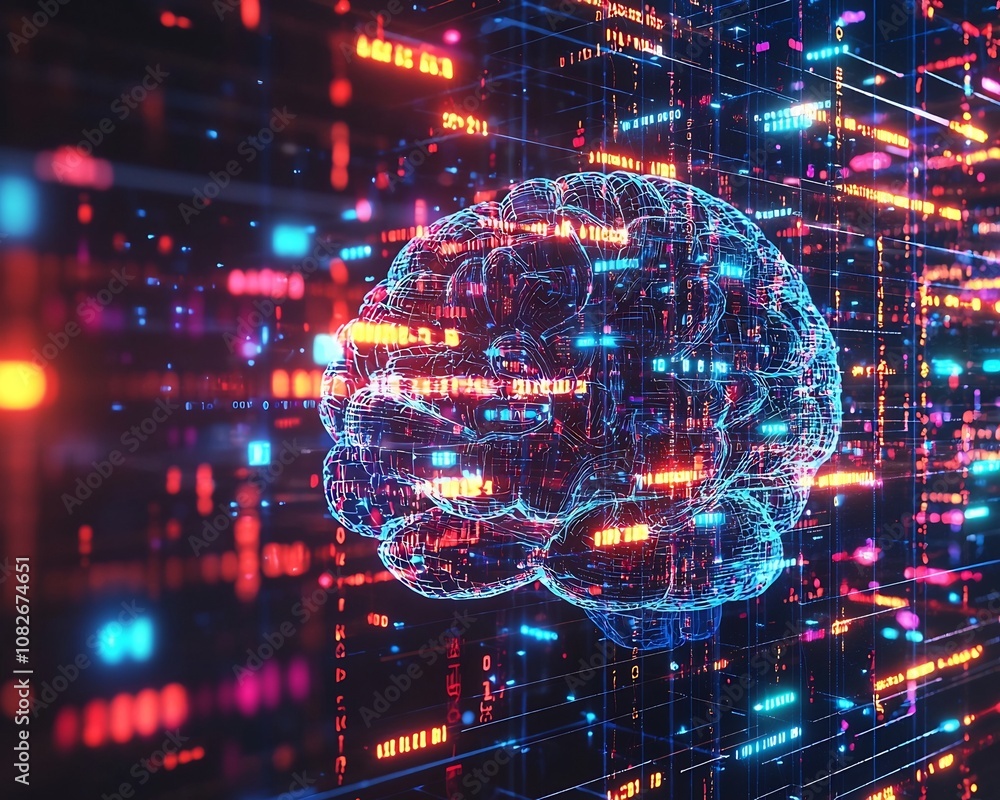 Poster cybernetic brain connected to futuristic holographic screens displaying data streams and algorithms