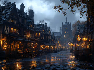 Fototapeta premium Illustration - Medieval Town Street at Dusk