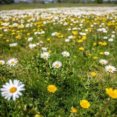 Fototapeta premium A full shot of a rolling meadow with butterflies and bees at eye level, filled with green grass and wildflowers under a bright blue sky.