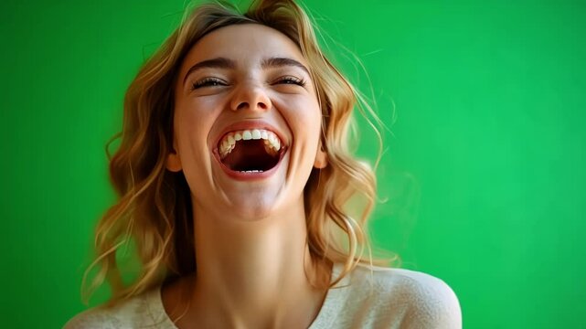 Young woman with blond hair laughs joyfully against a green screen background. Wearing a white shirt, she radiates happiness and positivity in a cheerful, candid moment