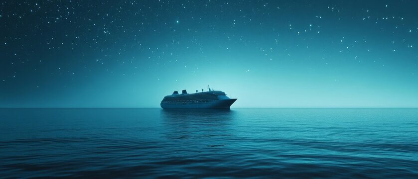 A luxurious cruise ship sails under a vast, starlit sky, embodying elegance and wonder on a tranquil ocean, merging adventure with serenity. - Powered by Adobe
