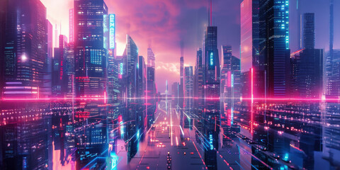 Fototapeta premium A vibrant cyberpunk cityscape at night filled with glowing neon lights reflecting on rain-soaked streets, showcasing futuristic architecture and a bustling atmosphere