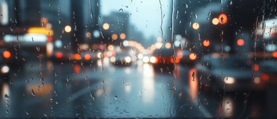 Raindrops trickle down a window as blurred city lights color the night, creating a wistful urban scene.