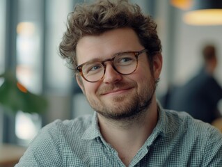 Obraz premium Casually Styled Man in Glasses Smiling for Portrait