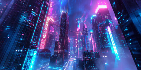 A vibrant cyberpunk cityscape at night filled with glowing neon lights reflecting on rain-soaked streets, showcasing futuristic architecture and a bustling atmosphere