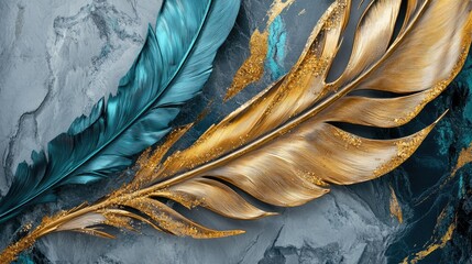 Elegant Metallic Feathers on Abstract Textured Background with Rich Blue and Gold Accents, Ideal for Modern Design or Artistic Projects