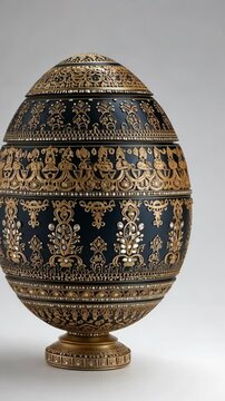 A black and gold egg with intricate designs is on display