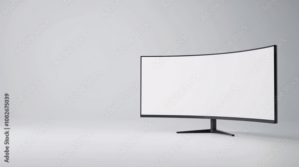 Poster a sleek desktop monitor with a thin frame and curved edges, positioned in an empty white environment