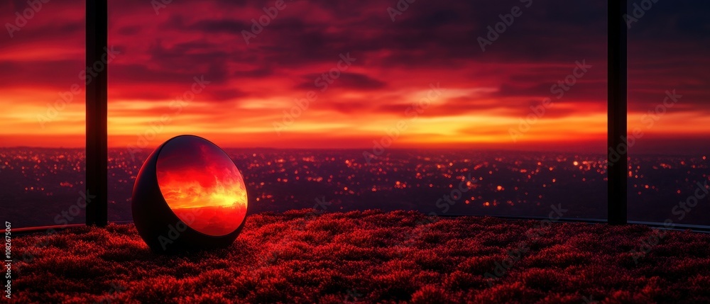Poster A mesmerizing sunset scene with vibrant orange and red hues reflected in a spherical object, creating a stunning visual effect against a serene landscape.