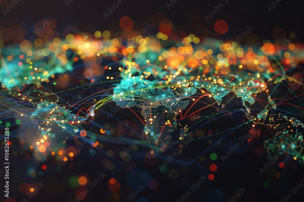 Fototapete visual representation of global connectivity through a network map highlighting continents and citie