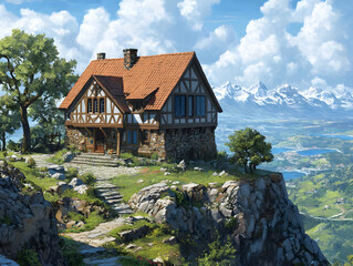 Obraz premium Illustration - Cliffside Cottage Valley Landscape