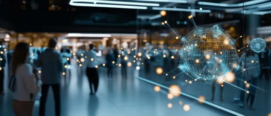 Obraz premium In a bustling high-tech setting, a digital globe of interconnected nodes symbolizes the evolving digital landscape.