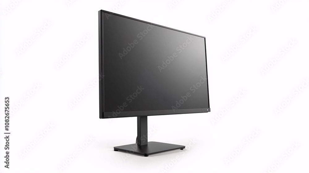 Poster a high-end desktop monitor with narrow bezels and a black and silver design; displayed in an empty w