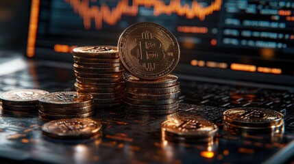 A stack of Bitcoin coins on a laptop keyboard with a chart in the background.