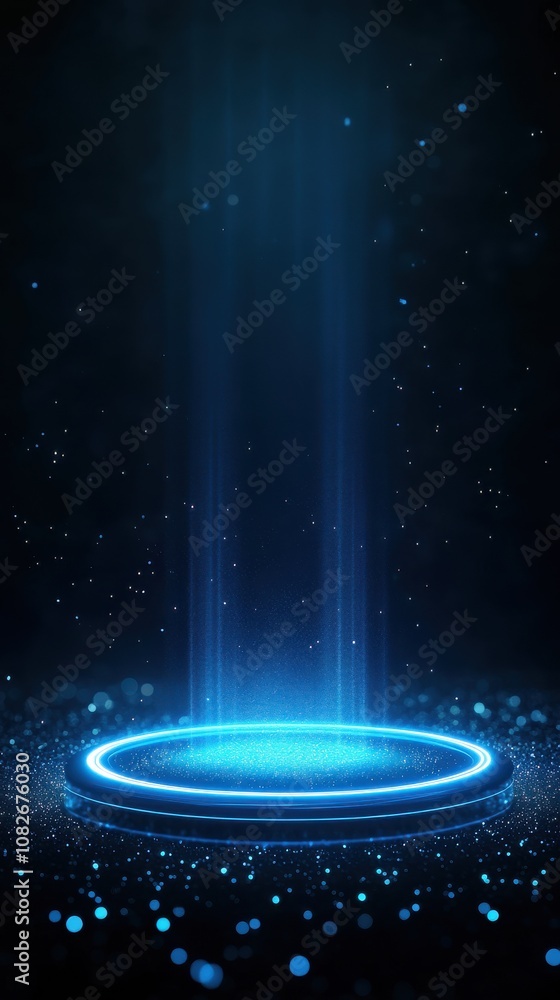 Fototapete a glowing blue circular portal emits light and particles in a dark, ethereal space, creating a mysti