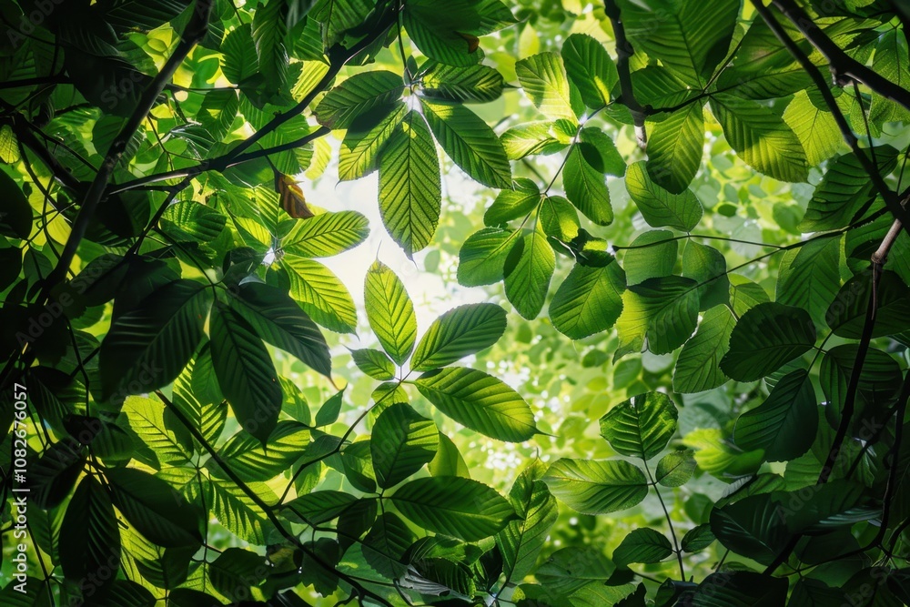Poster looking up through lush green leaves in a vibrant forest canopy during a sunny afternoon, sunlight f