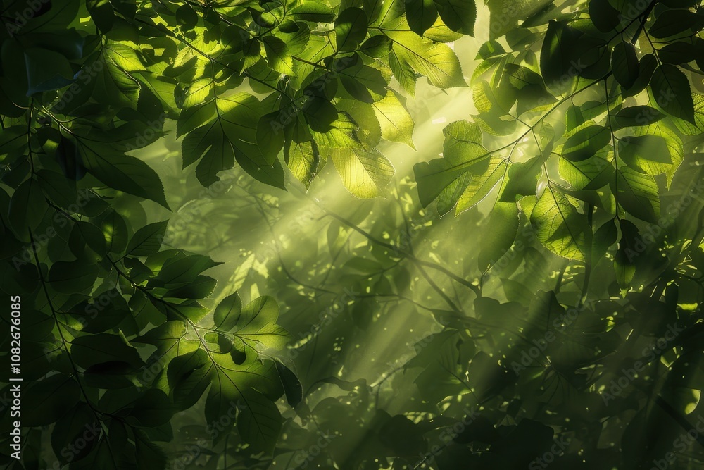 Poster looking up through lush green leaves in a vibrant forest canopy during a sunny afternoon, sunlight f