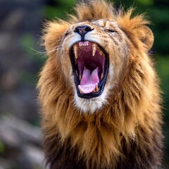Obraz premium A close-up photo portrait of a lion roaring, deep focus on the details of its open mouth, teeth, and tongue, eye-level shot showing the dynamic expression of its strength and power